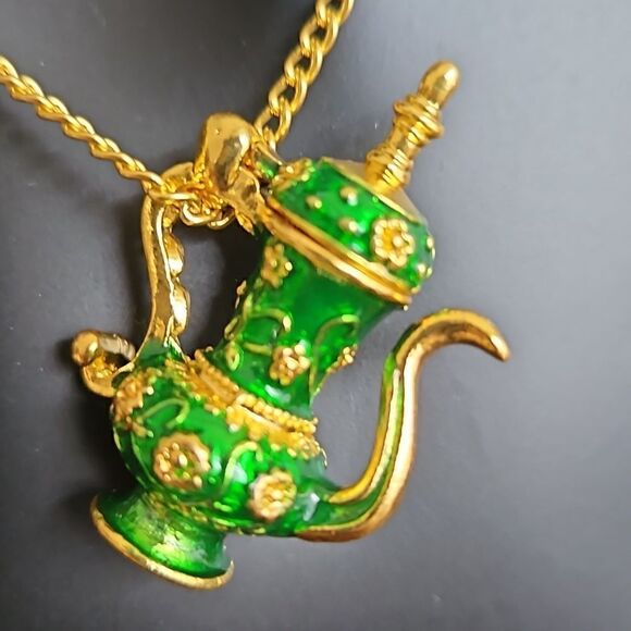NWOT  Enamel glaze green and gold toned teapot on a gold chain - Picture 1 of 7